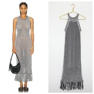 Intermix Crochet Knit Fringe Midi Dress Small Black White Knit Boho Festival